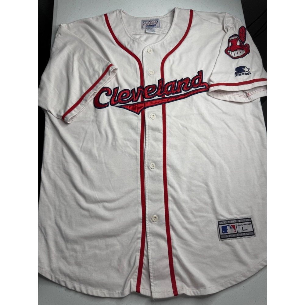 Vintage Starter Cleveland Indians MLB Baseball Jersey White Red Men Large Wahoo